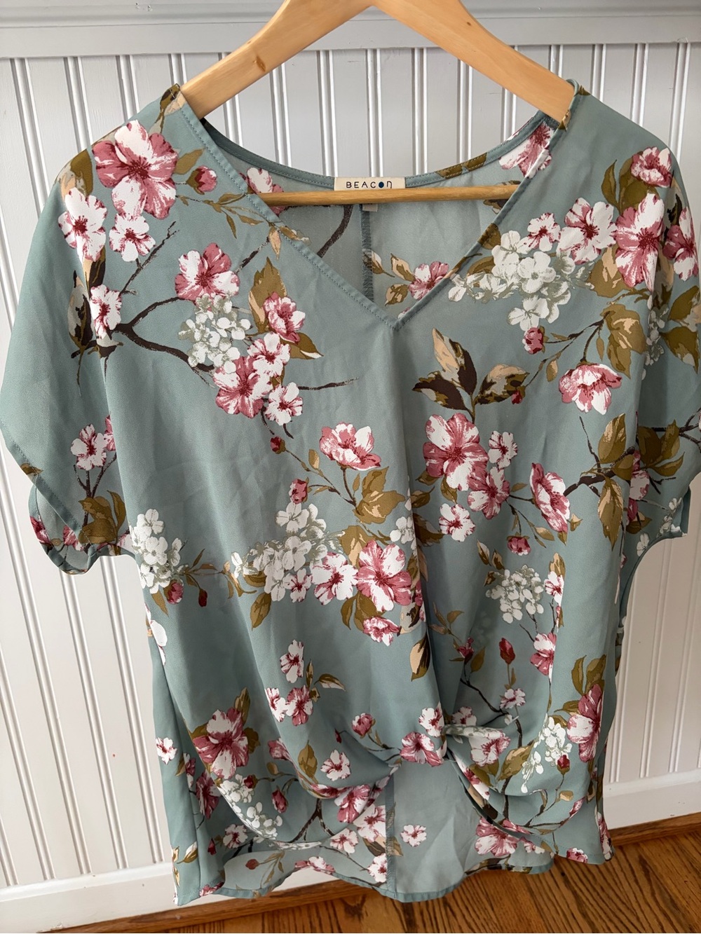 BEACON Dusty Sage Floral V-Neck Knot-Front Blouse